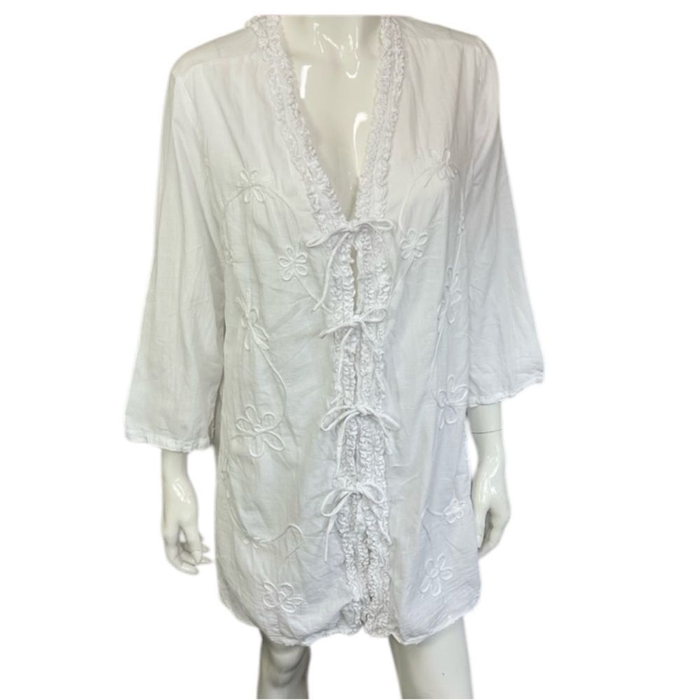 Giocam White Floral Front Ribbon Bow Tie Tunic Mini Beach Coverup Size L
